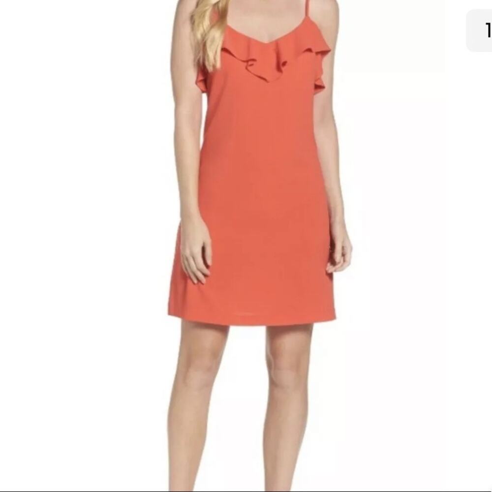 Felicity & Coco Isabella Sleeveless Ruffle V Neck Dress in Fire Coral Size M